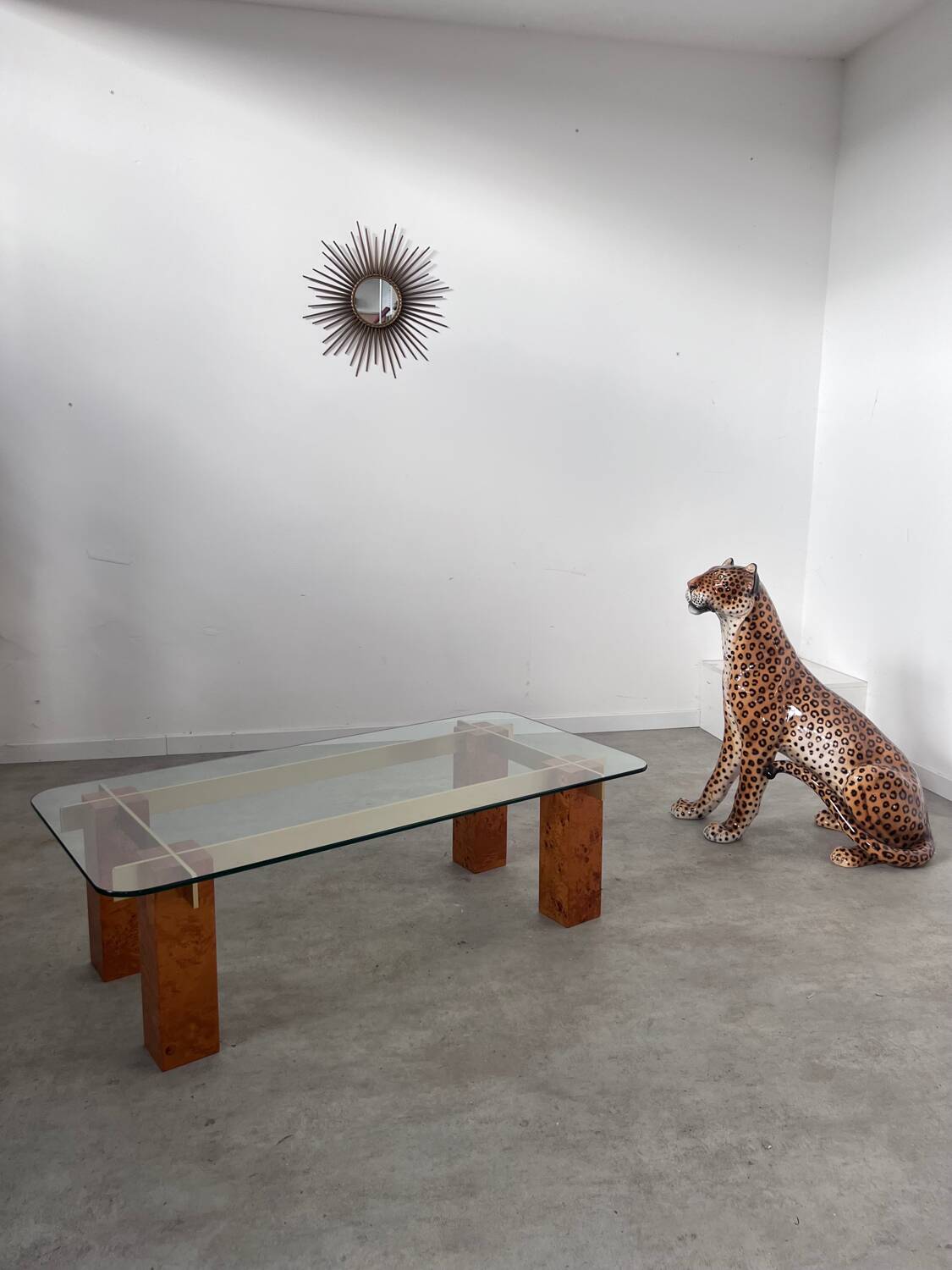 Old glass and burl coffee table Italian design from the 70s vintage