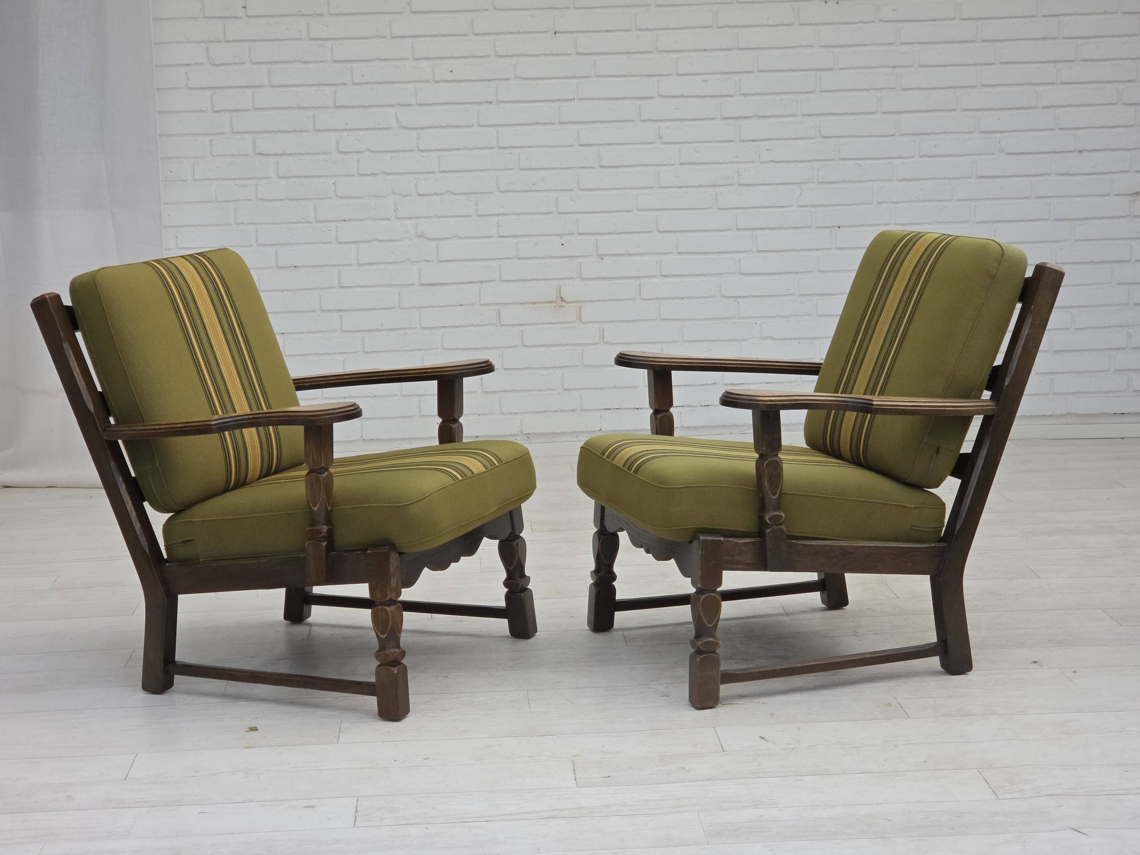 1970s, pair of Danish armchairs, original green furniture wool, oak wood.