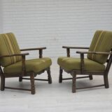 1970s, pair of Danish armchairs, original green furniture wool, oak wood.