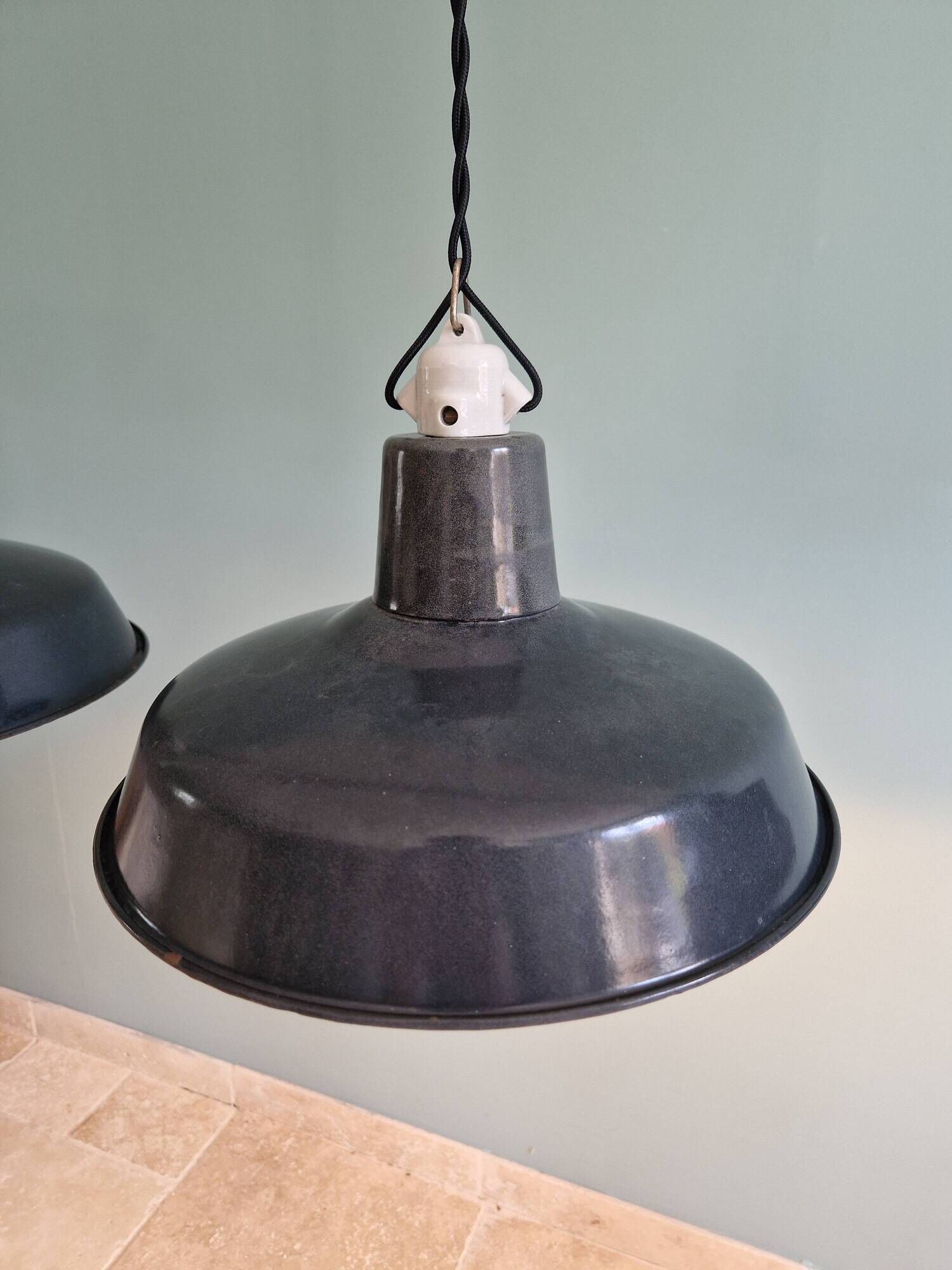 Set of 3 industrial pendant lights in anthracite enameled sheet metal