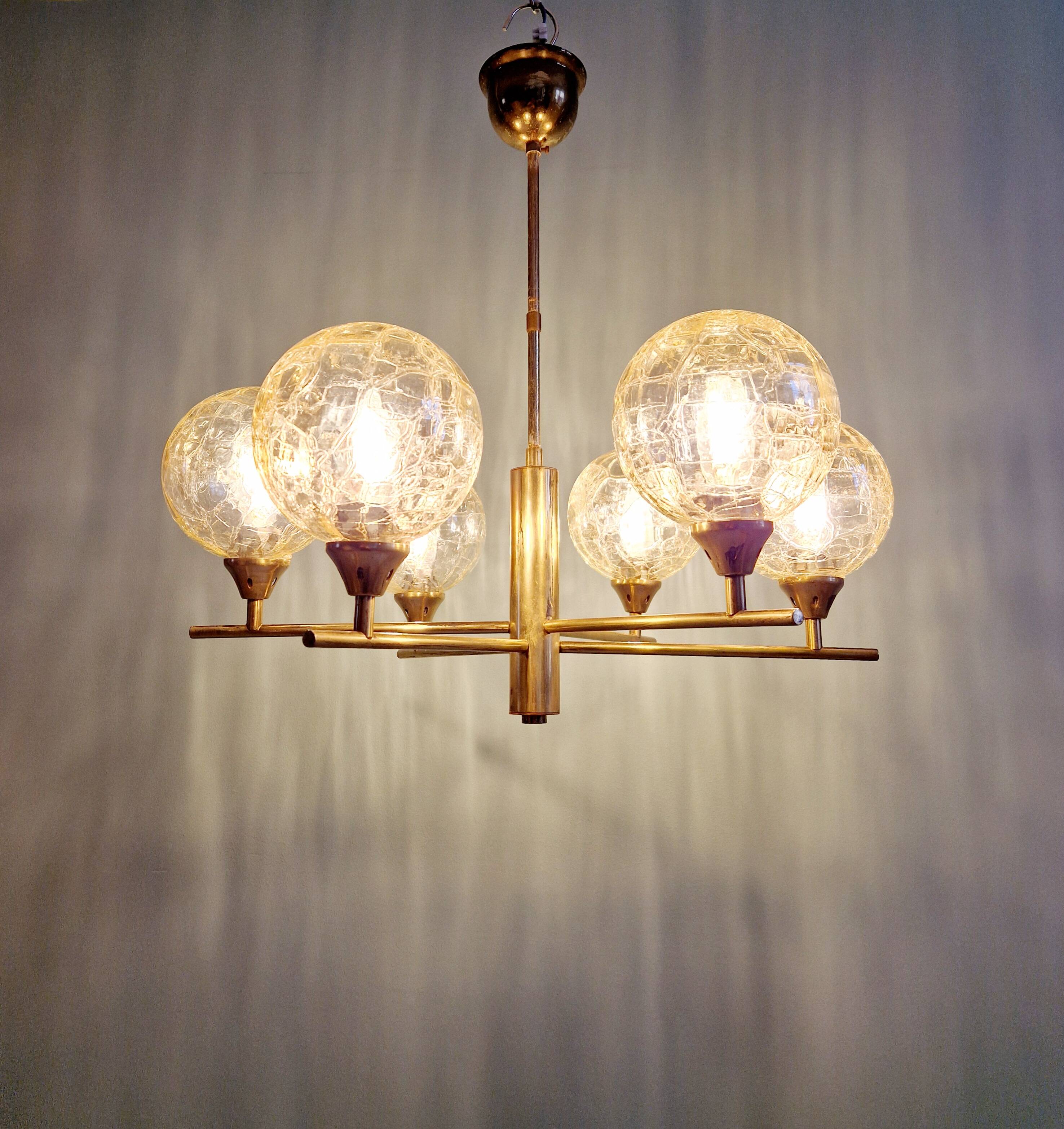 Brass chandelier with amber cracked glass globes, 1950s-60s