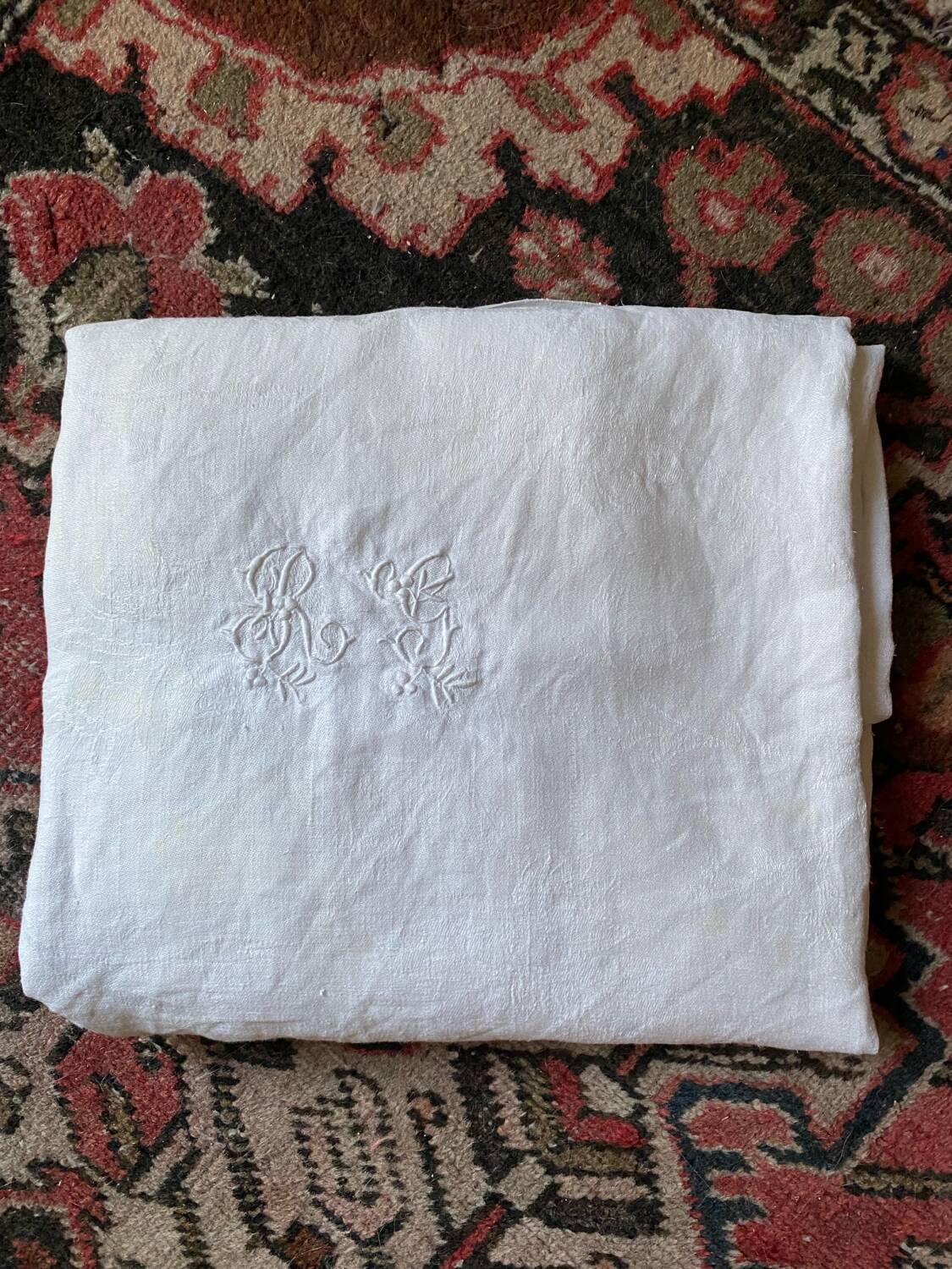 RG embroidered linen damask tablecloth late 19th century.