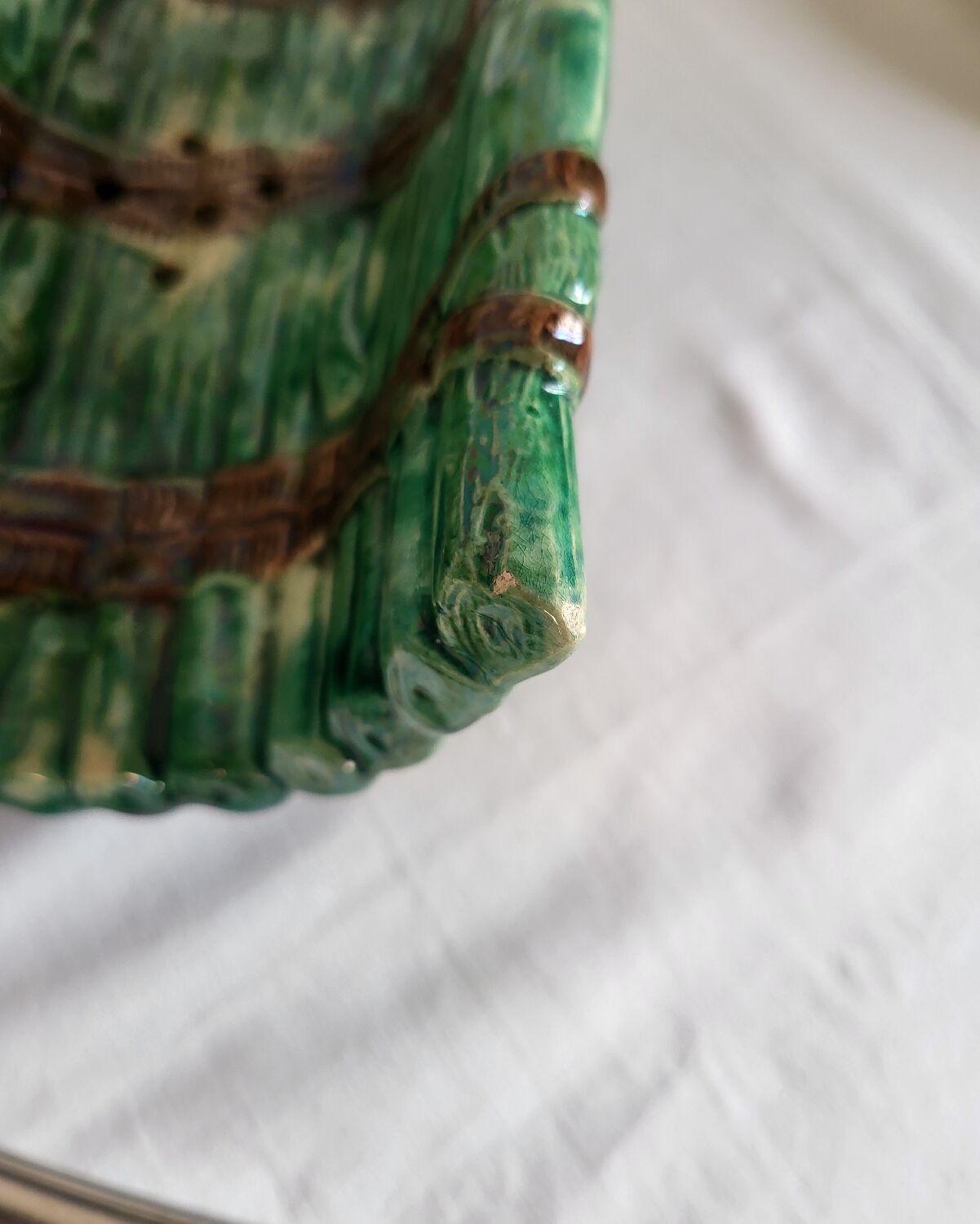 Dish and Asparagus Drainer in Green Barbotine Earthenware