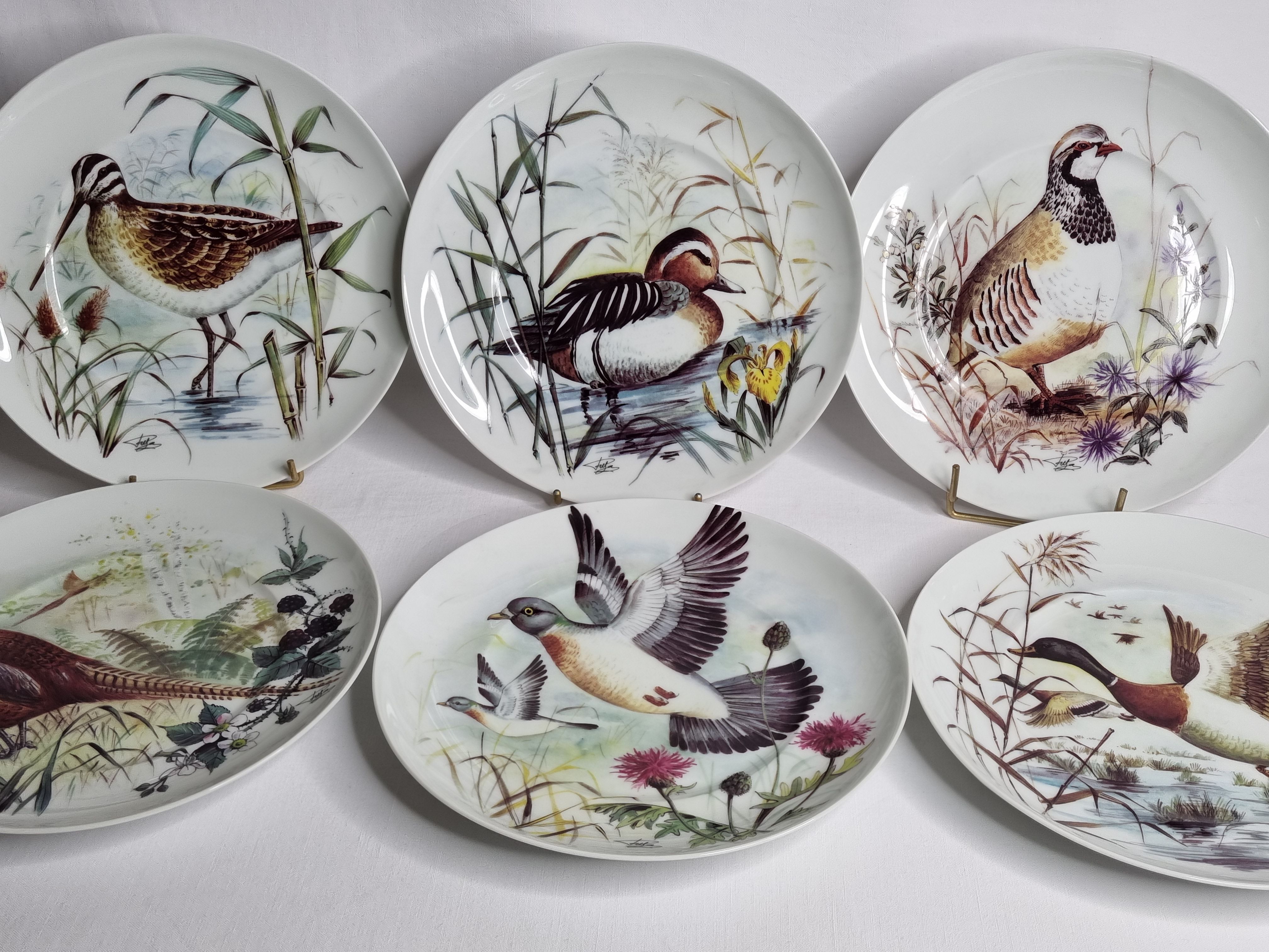 Set of six porcelain plates decorated with birds from Sologne, Limoges, signed, 25 cm