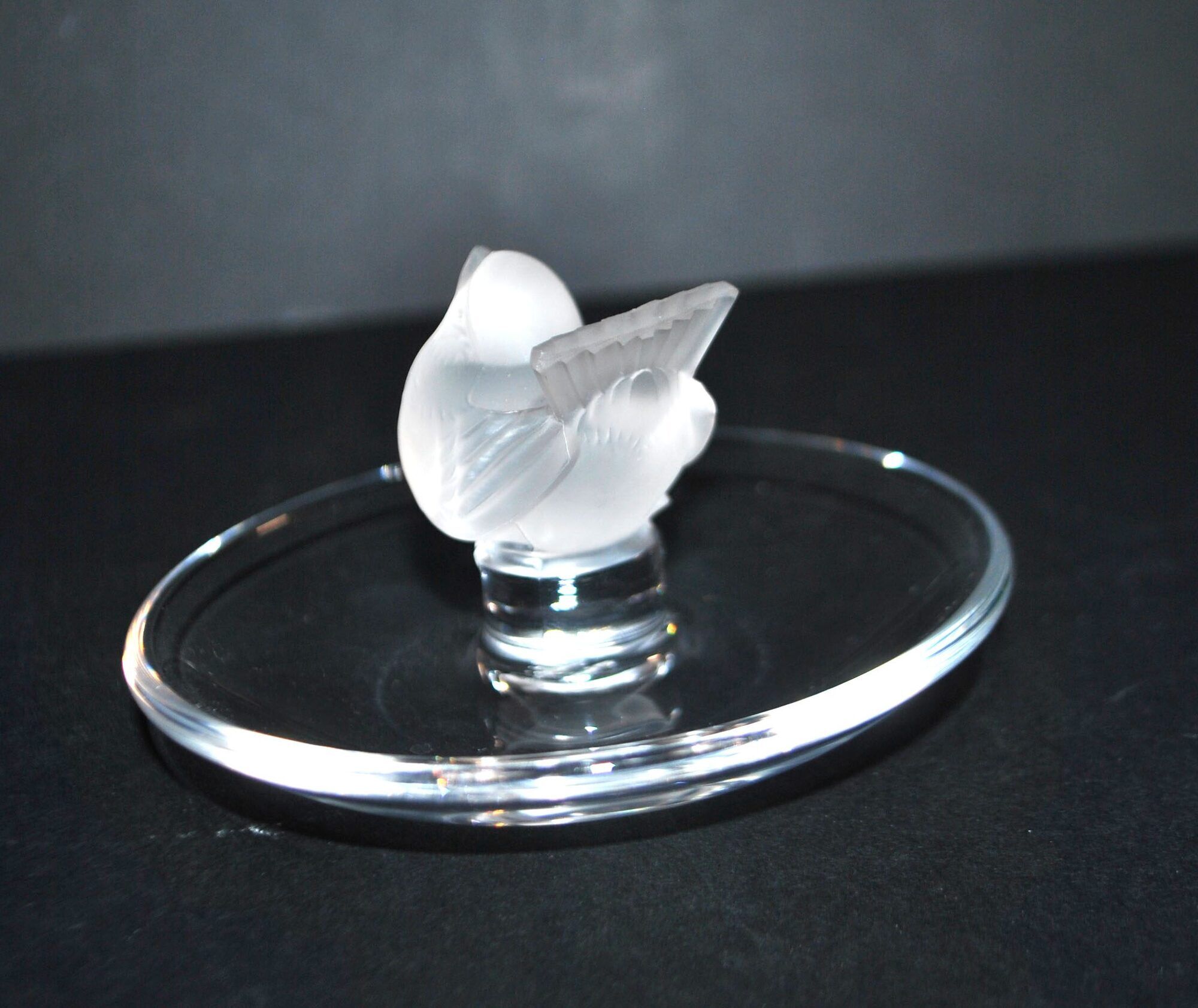 Lalique ashtray bowl Cheeky Sparrow crystal frosted and signed