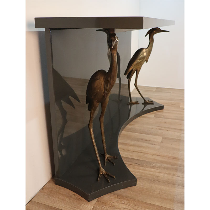 Vintage lacquered wooden console decorated with brass herons 1970
