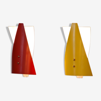 Set of 2 dutch wall lights in red and yellow, 1960s