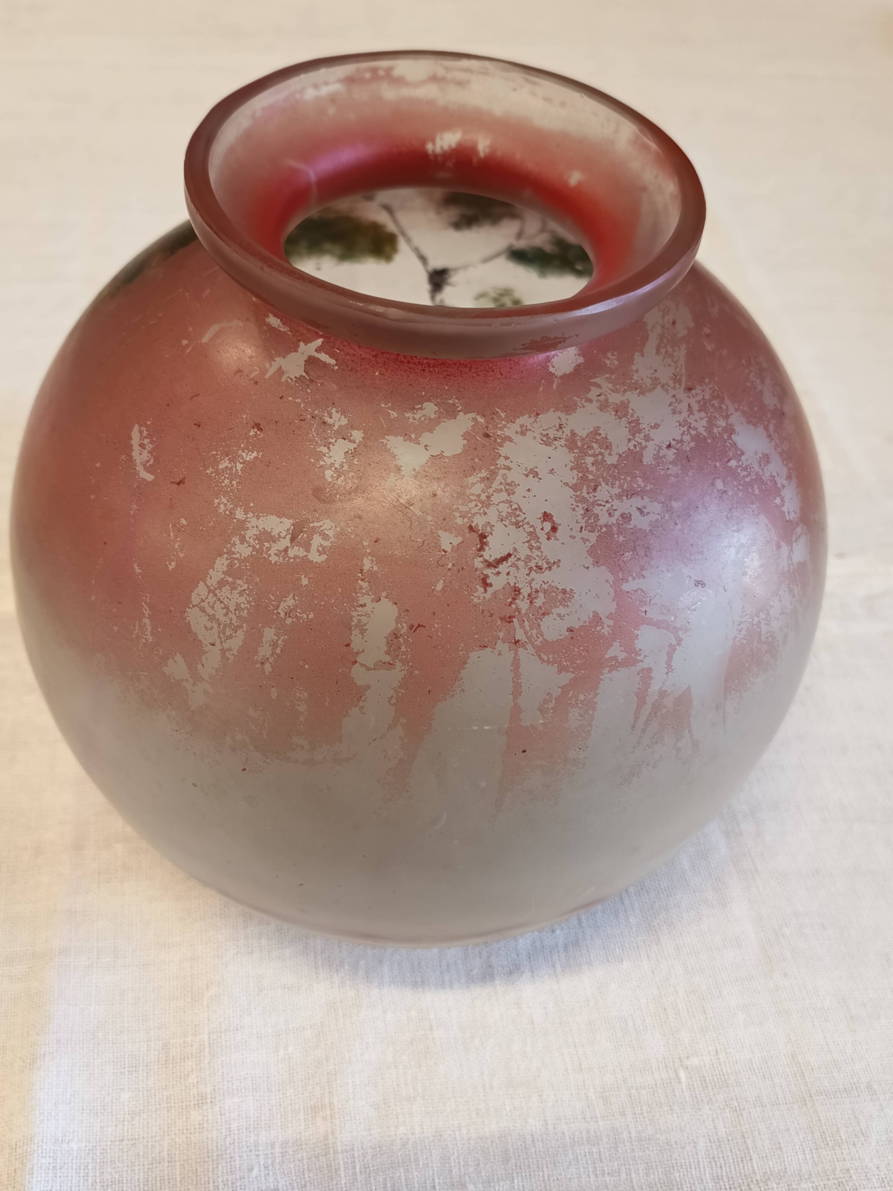 Round glass vase decorated with a landscape according to JS Peynaud.