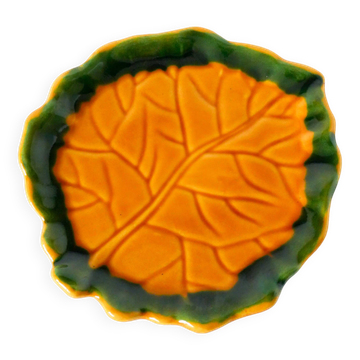 Vide-poche en barbotine feuille jaune et vert, 1970