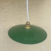 Vintage pendant light with green and white enamelled sheet metal lampshade and LED electricity