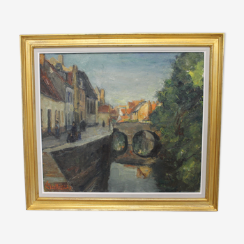 Huile sur toile de Léon Mechelaere - Canal à Bruges