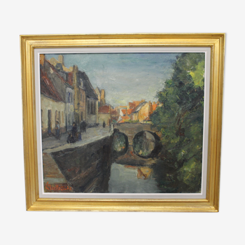 Oil on canvas by Léon Mechelaere - Canal in Bruges