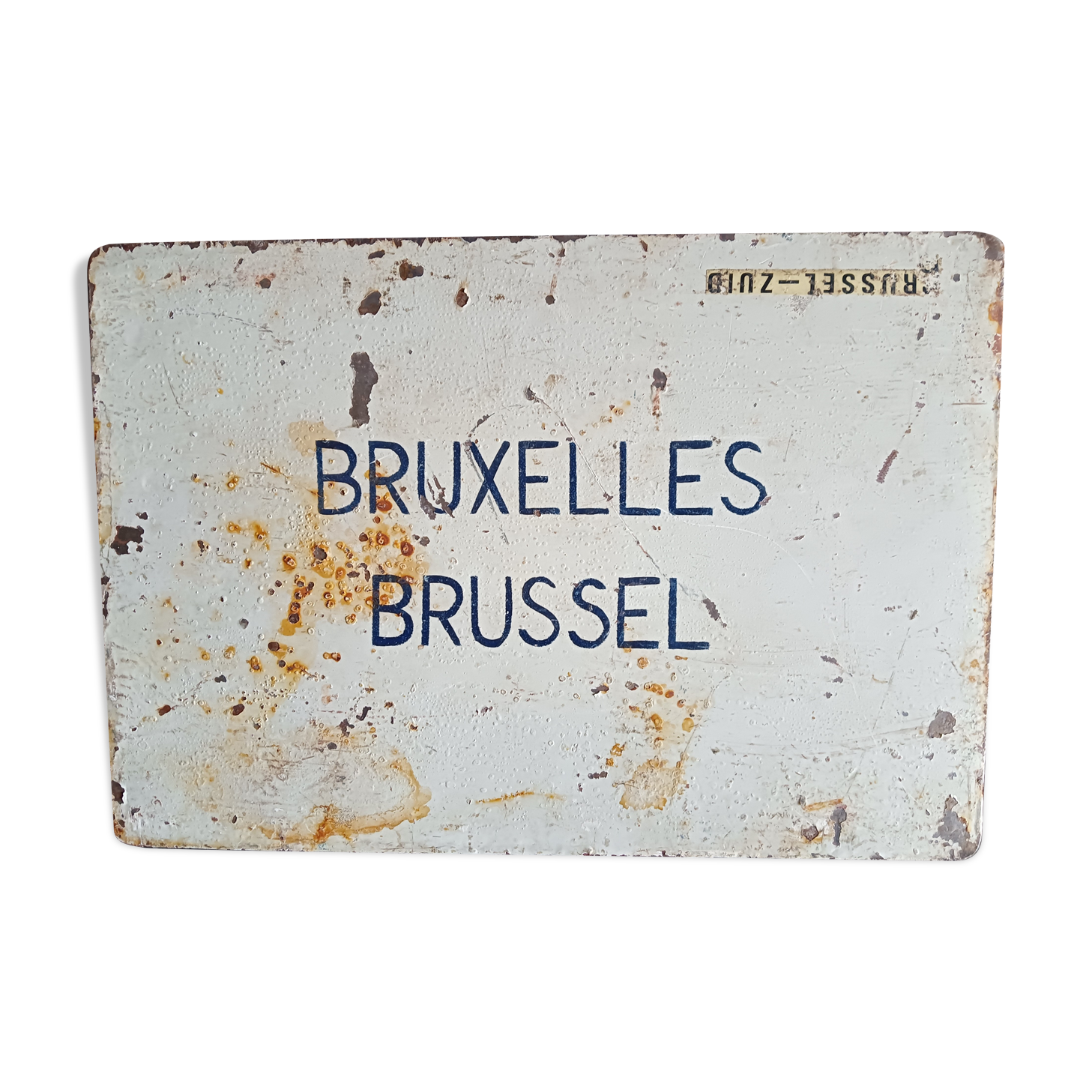 Destination plate of the "sncb" railway brussels - brussel and on the other side rimini,