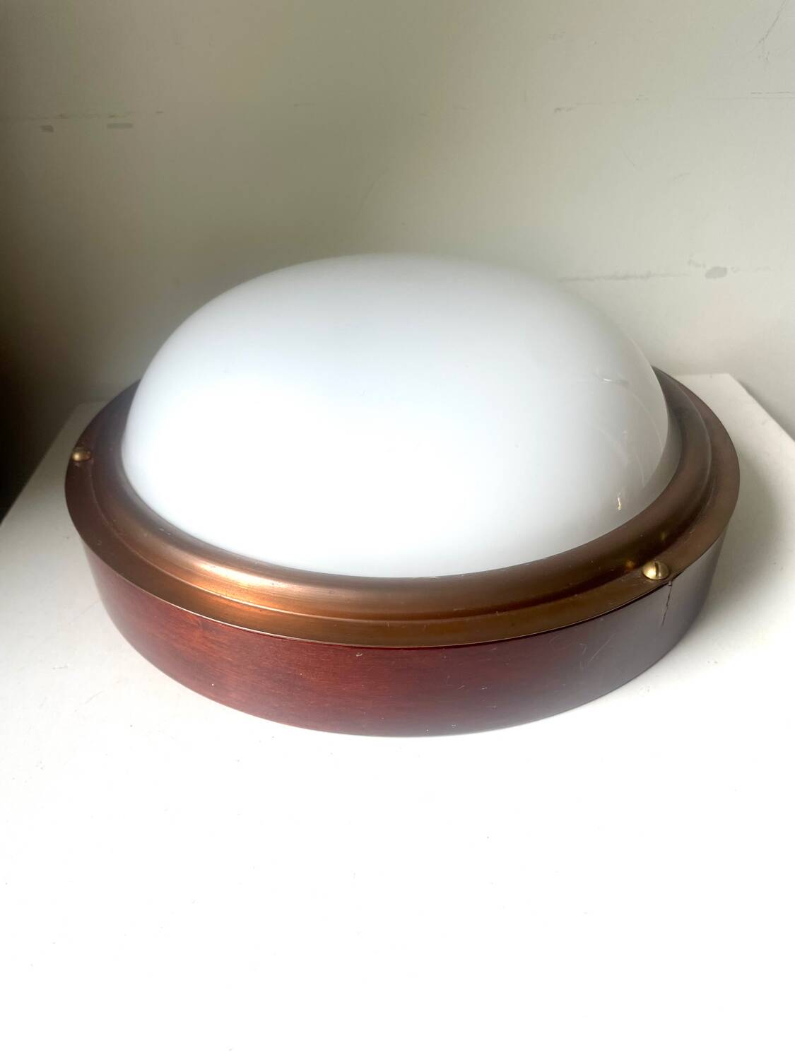 Vintage  wall or ceiling light in Mahogany & copper with  glass from a yacht
