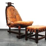 Brutalist oak lounge chair and ottoman, 1970s, set of 2