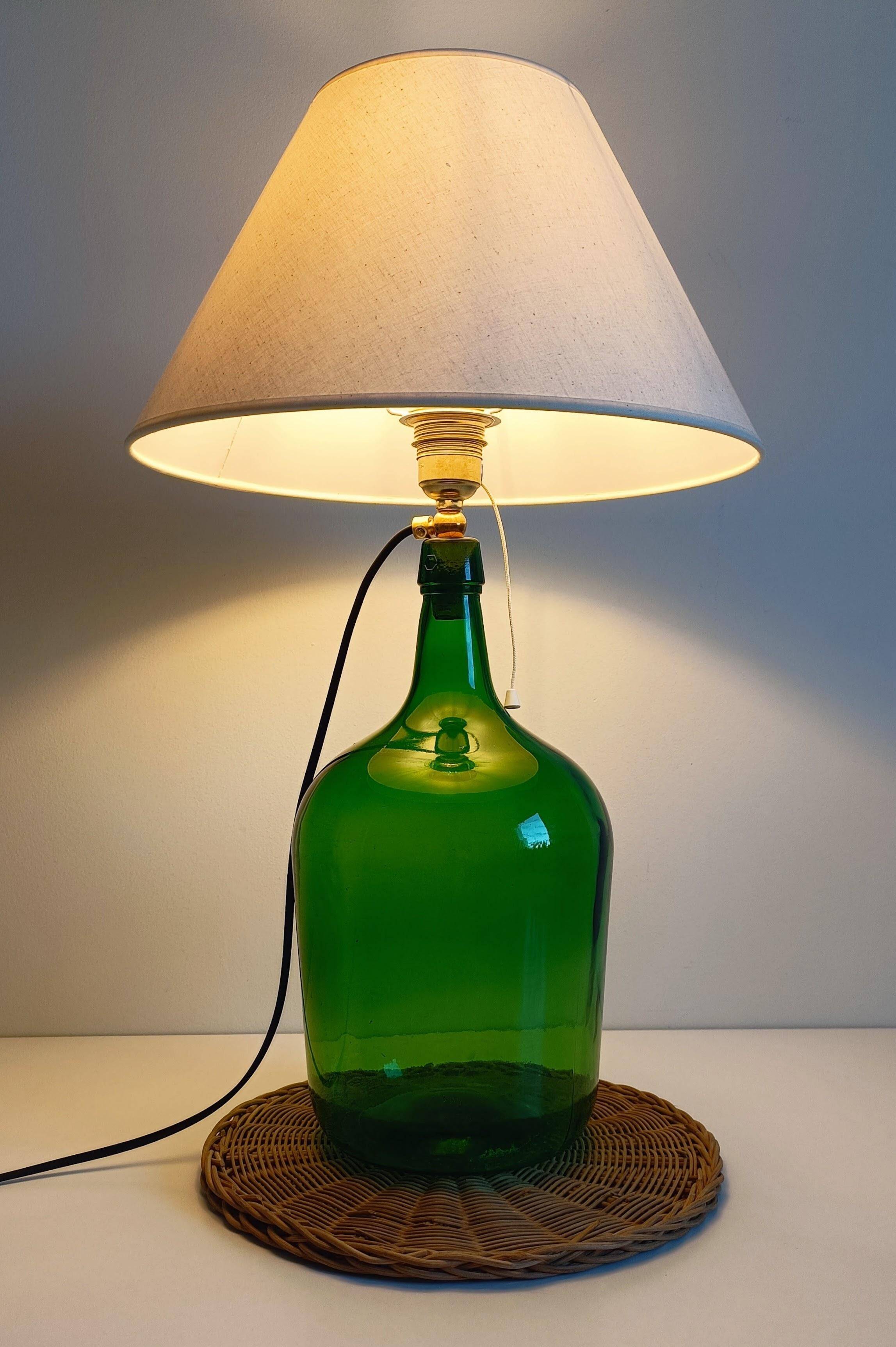 Mid-Century Green Glass Demijohn Table Lamp, Brass Fittings, Contemporary Shade