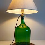 Mid-Century Green Glass Demijohn Table Lamp, Brass Fittings, Contemporary Shade