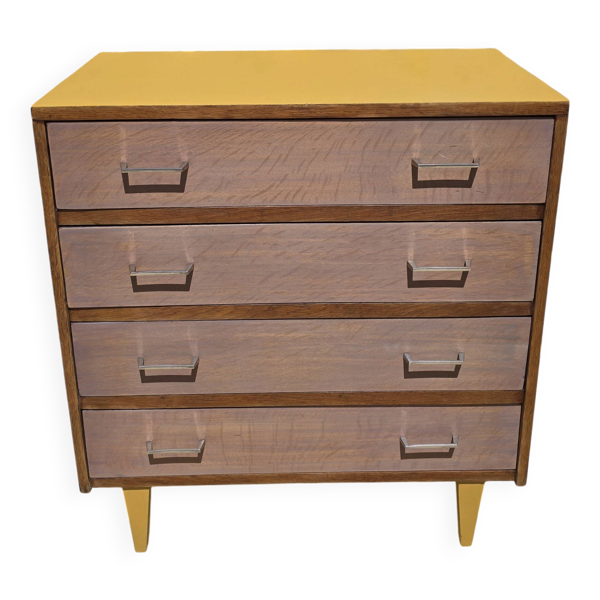 Commode vintage 4 tiroirs en placage de bois et plateau jaune moutarde, restaurée