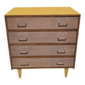 Vintage commode with 4 drawers restored – Wood veneer & soft yellow top