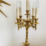 Pair of gilded bronze candlesticks, marble bases.