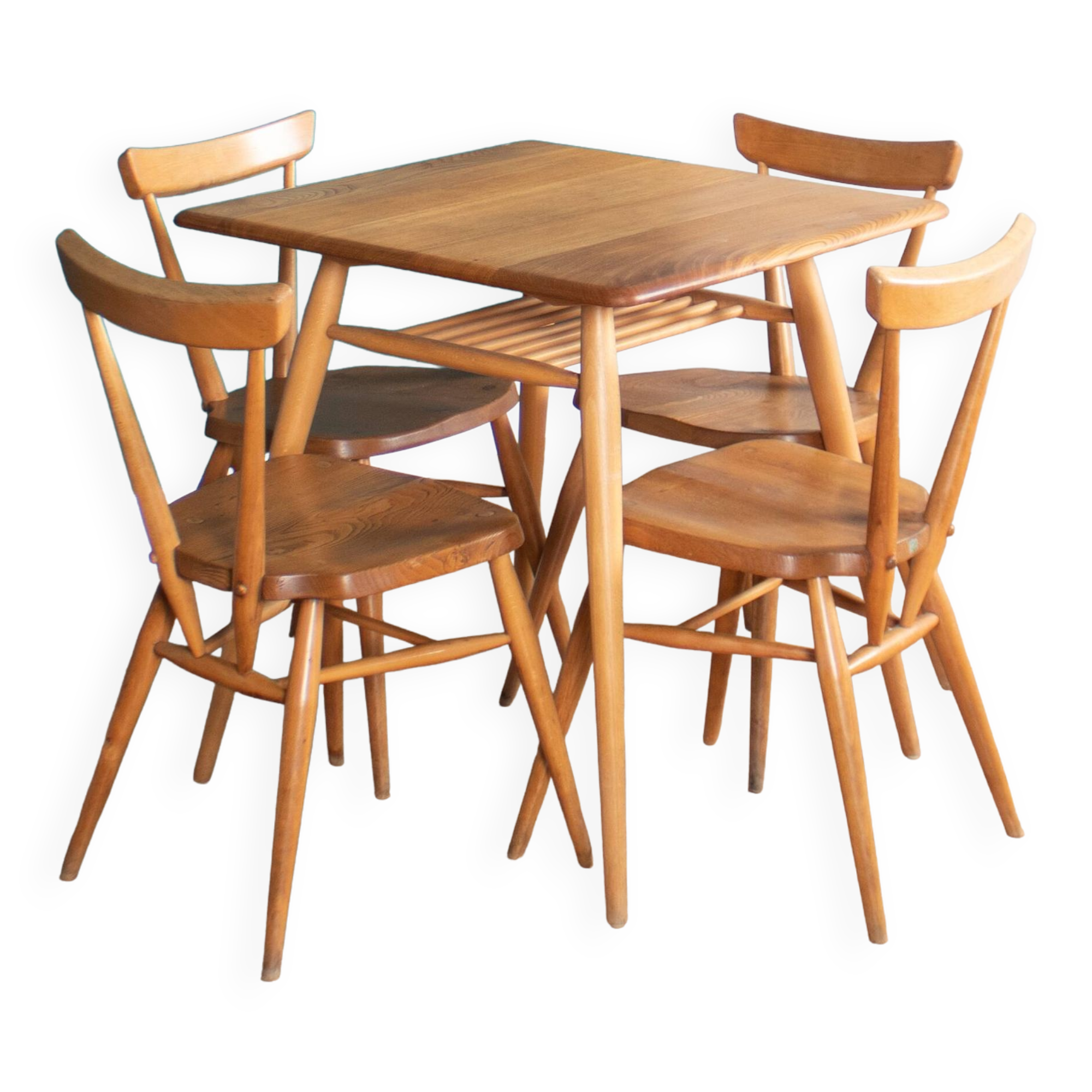 Retro Ercol Elm Blonde Model 395 Breakfast Table & Four 392 Windsor Stacking Chairs