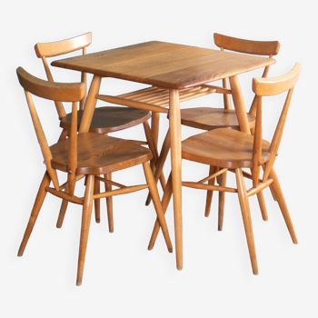 Table de petit-déjeuner rétro Ercol Elm Blonde modèle 395 et quatre chaises empilables Windsor 392