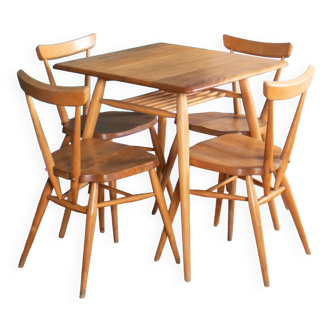 Table de petit-déjeuner rétro Ercol Elm Blonde modèle 395 et quatre chaises empilables Windsor 392