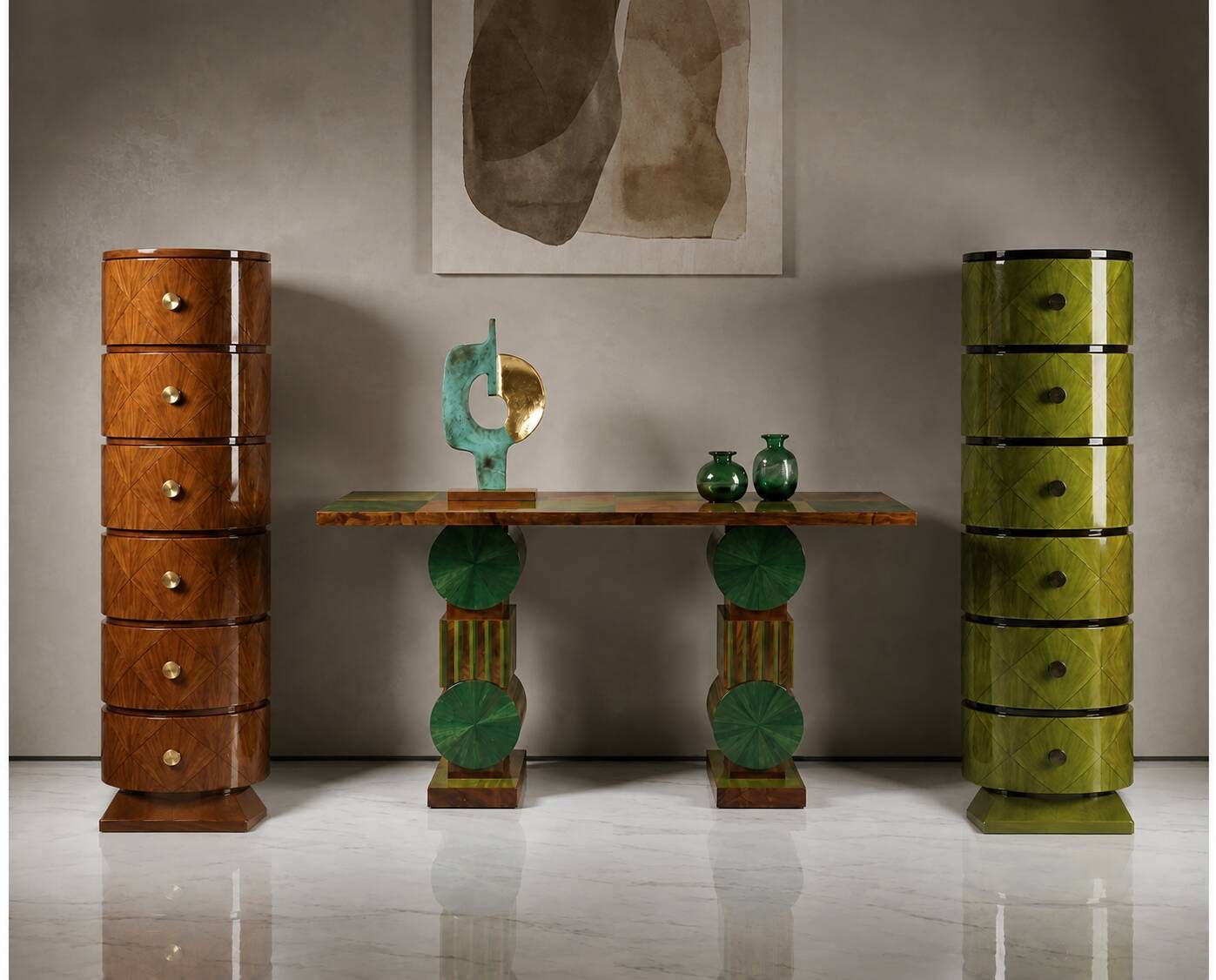 Two ragmen & an Art Deco console table in marquetry and beech.