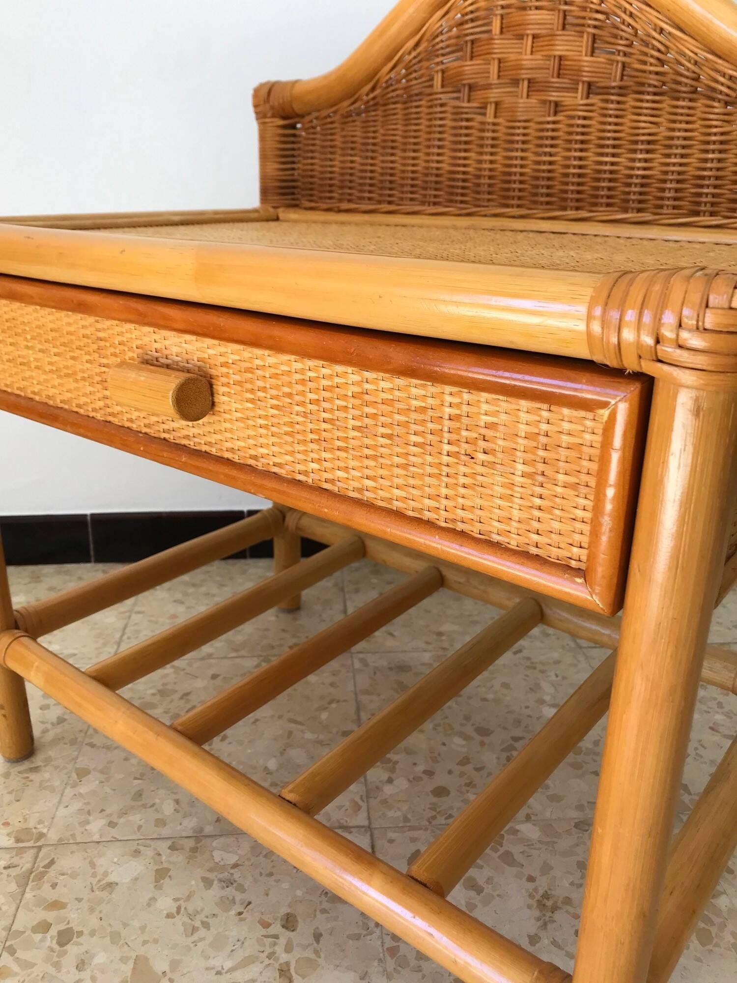 Vintage 80s rattan bedside table