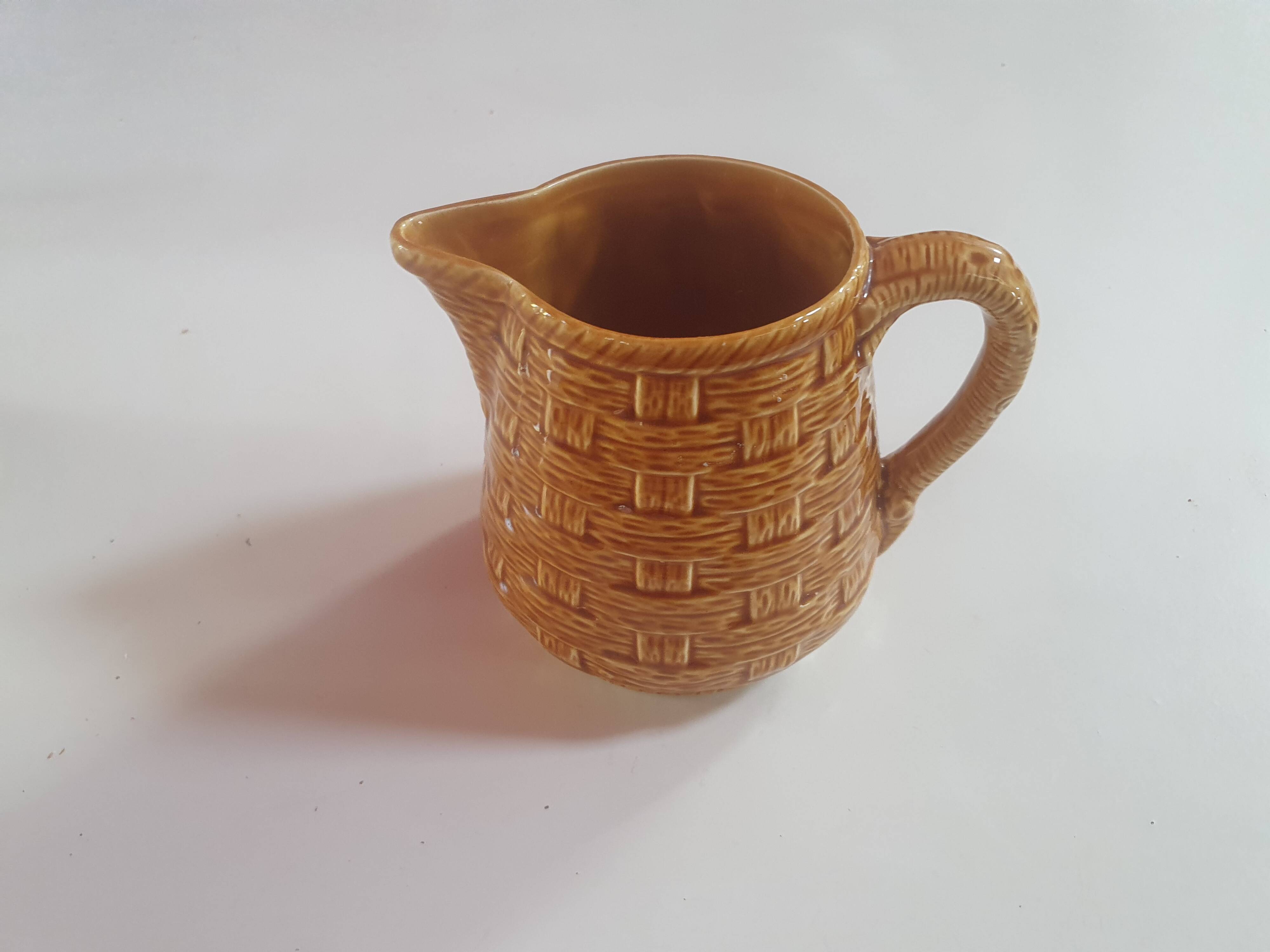 Vintage digoin sarreguemines pitcher in slip in yellow numbered woven basket pattern