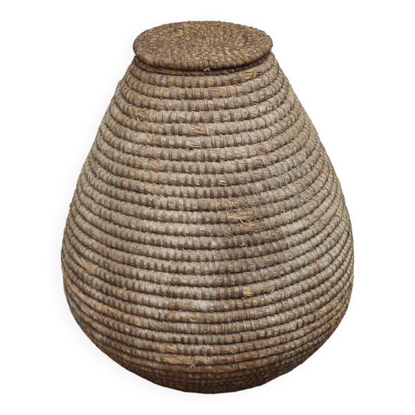 Grand panier ancien avec couvercle, bourgne paille et ronce, panier tressé