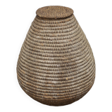 Large old basket with lid, burgundy straw and bramble, woven basket