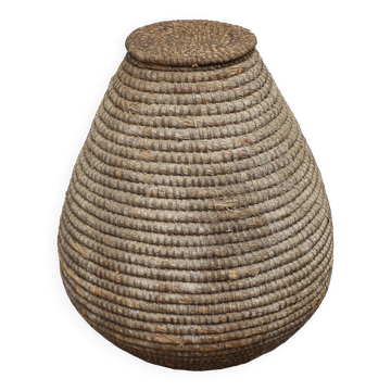 Grand panier ancien avec couvercle, bourgne paille et ronce, panier tressé