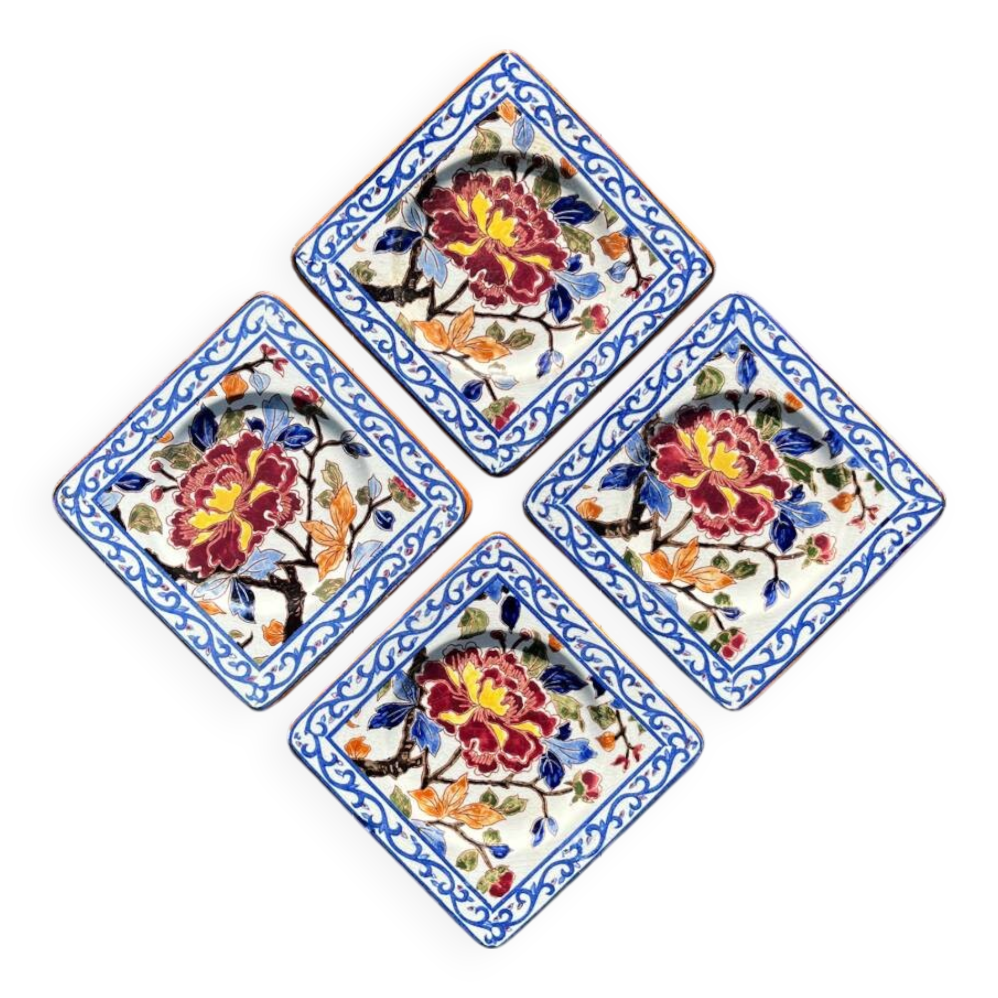 Set of 4 Gien earthenware cake dessert plates with peony decoration