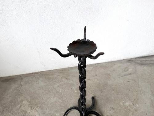 Large wrought iron floor candlestick, folk art, around 1900