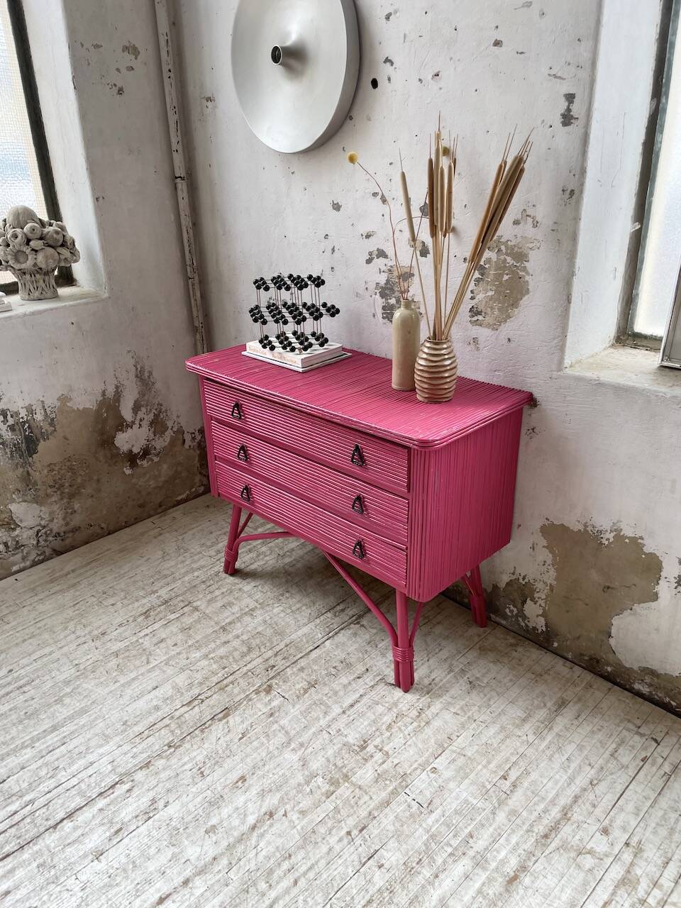 Vintage pink rattan chest of drawers
