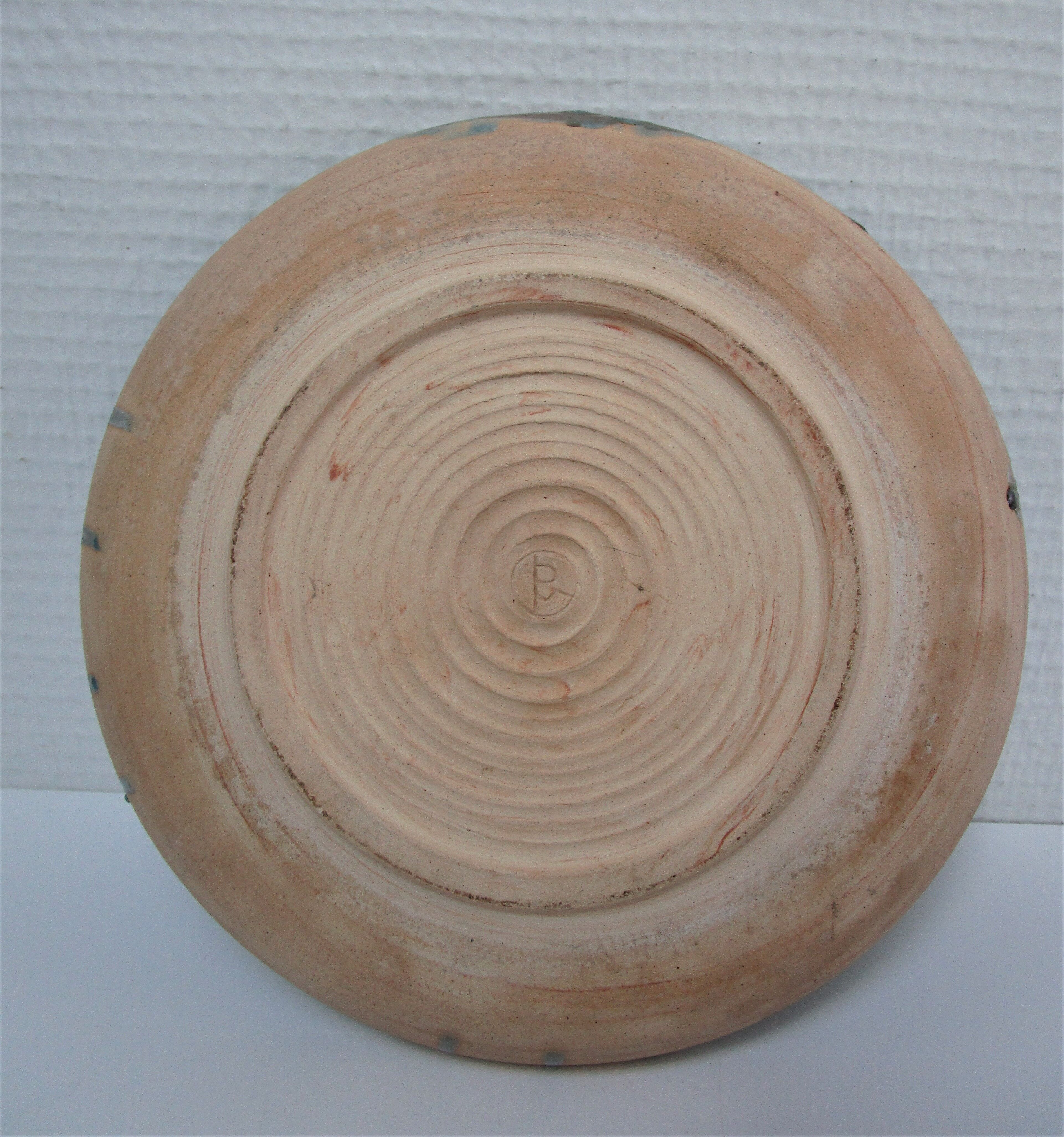 Bowl and round ceramic dish enamelled blue green brown vintage signed vintage