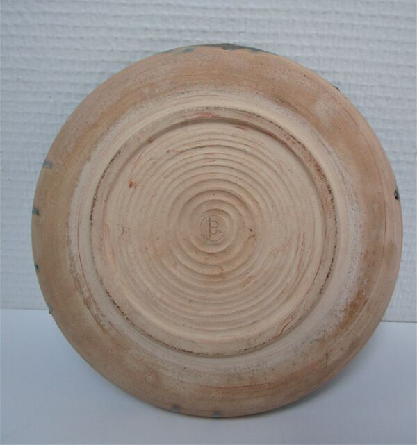 Bol et plat rond céramique émaillée bleu vert brun vintage signé vintage