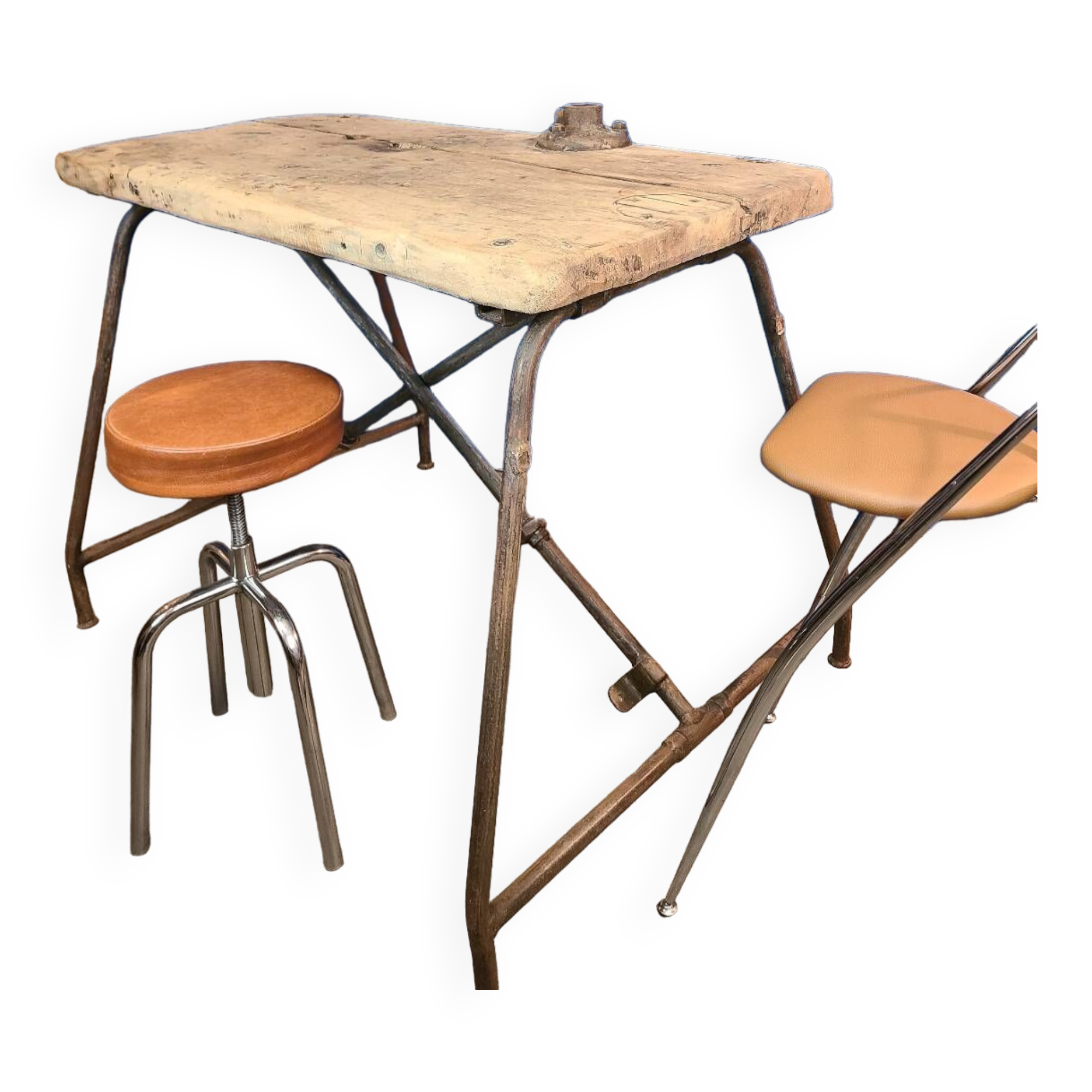 Vintage workbench circa 1930, folding metal leg.
