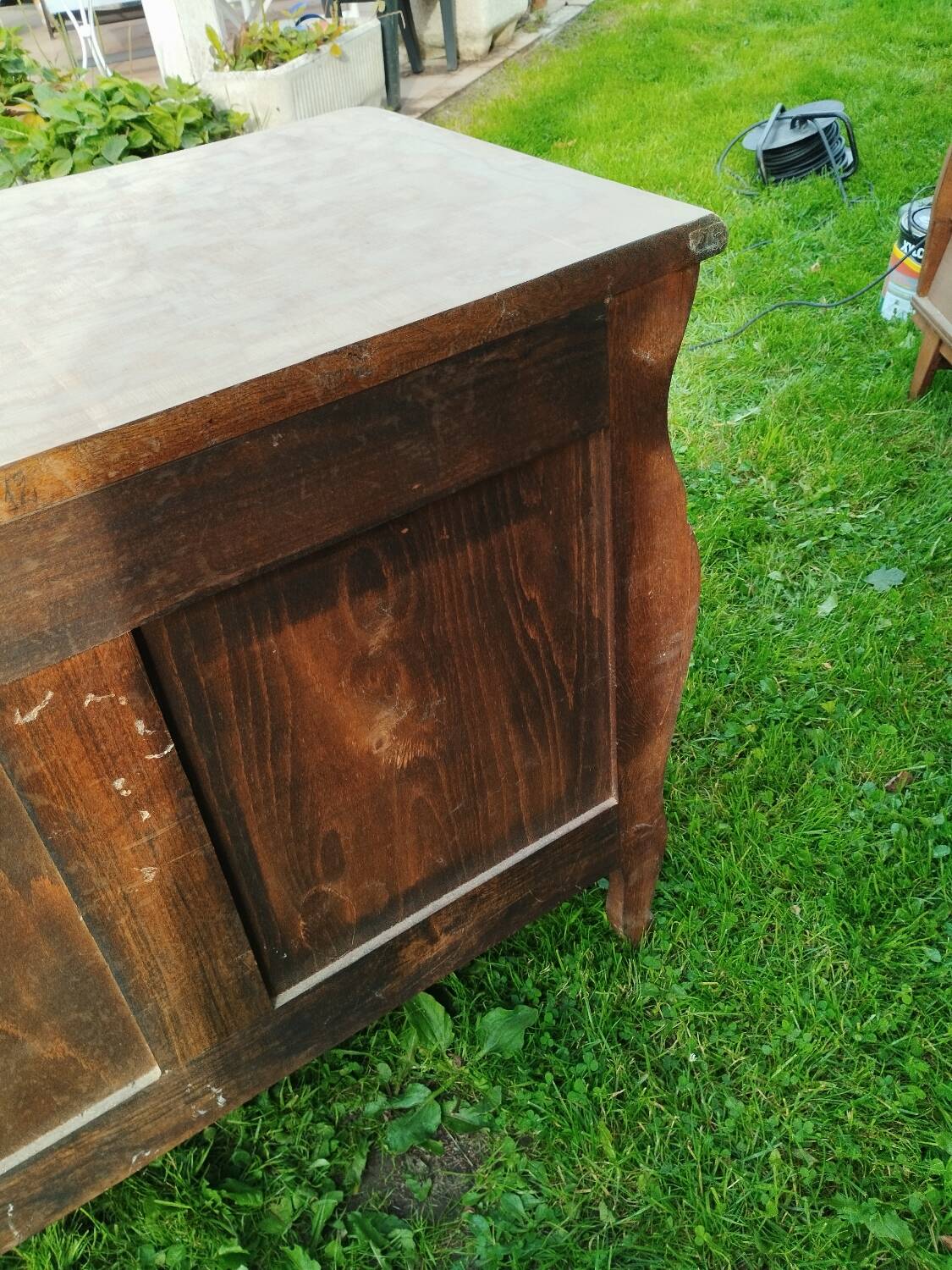 Antique Louis XVI style chest of drawers with wooden top