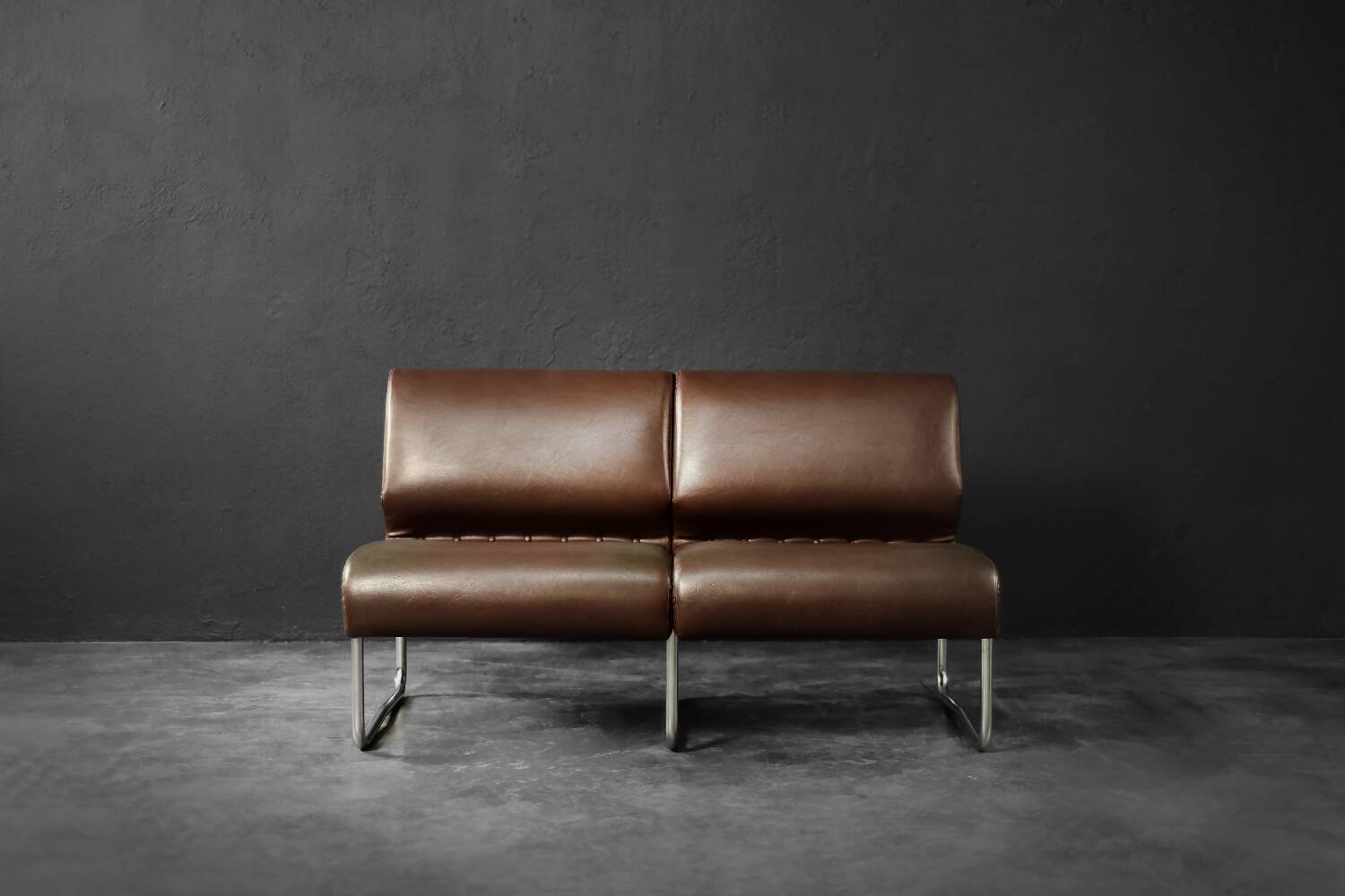 Two-seater canapé in steel and brown faux leather, Germany 1970.
