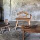 Small brutalist bench with backrest and armrests in Asian blonde teak H67 L6