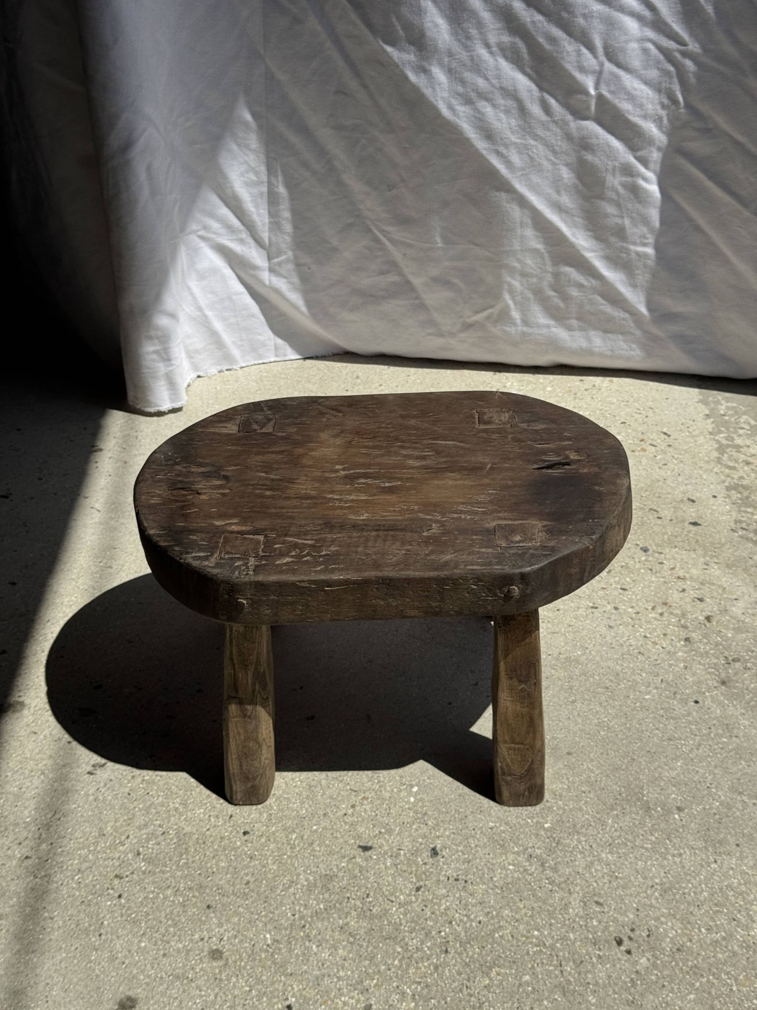Small stool, oval solid teak accent stool wabi-sabi H26 47x33.
