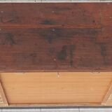 Workshop furniture with drawers and curtain in beech and walnut.