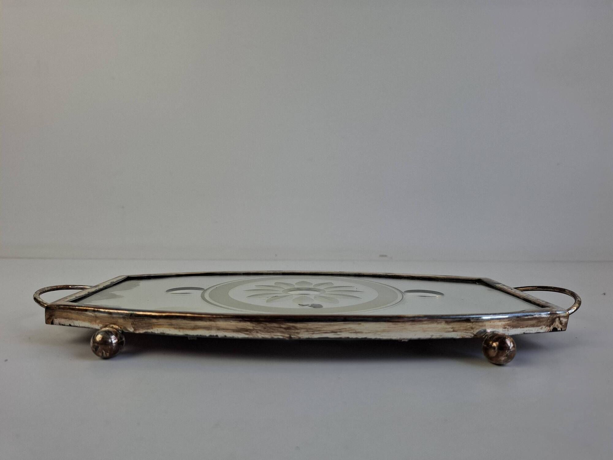 Vintage Art Deco Mirrored Glass Serving Tray with Floral Motif