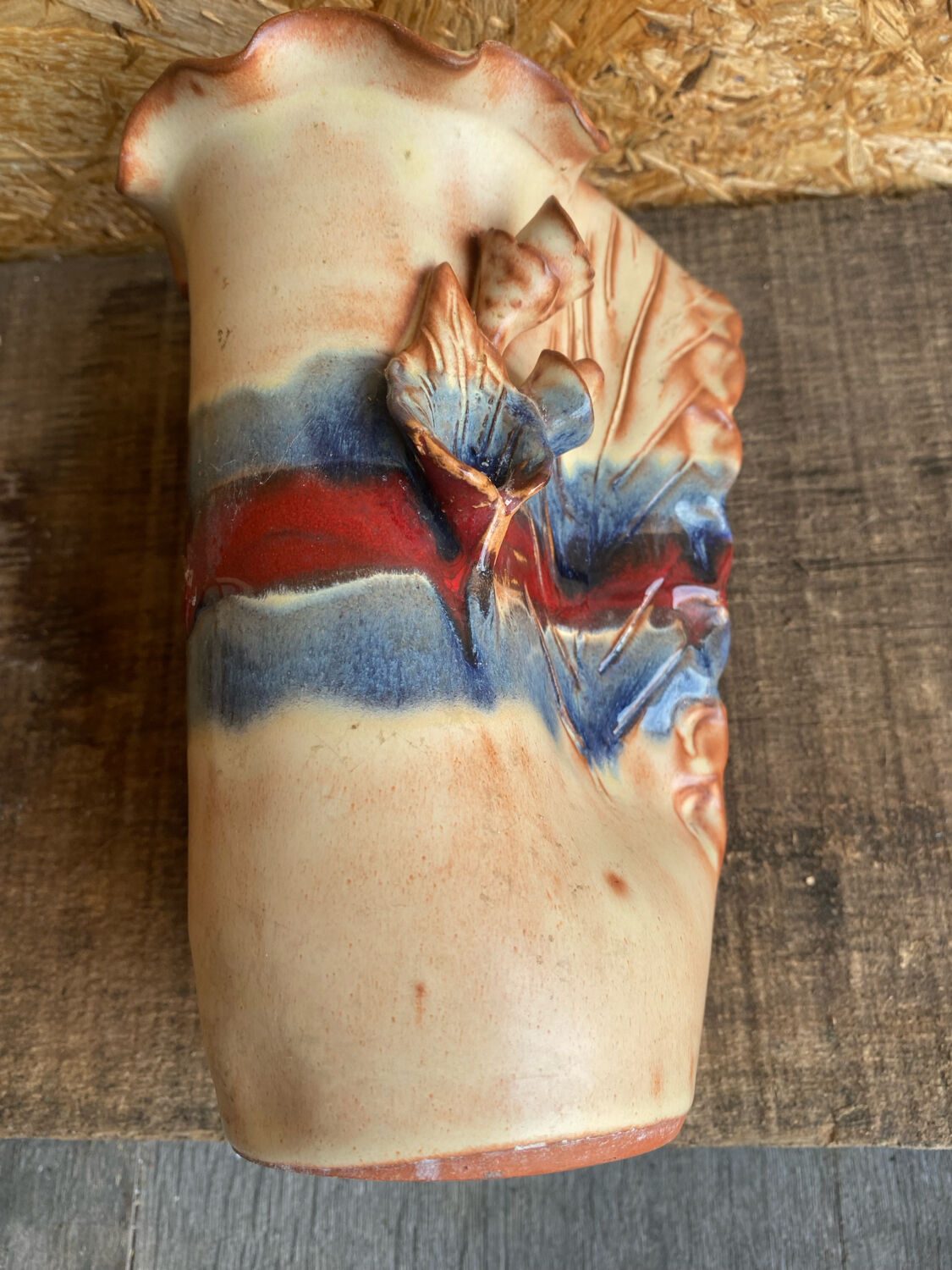 Vintage Beige Glazed Terracotta Vase with Relief Flower Decoration