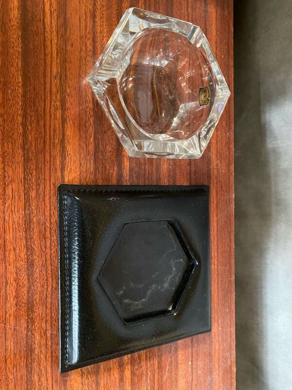 Ancien Cendrier Val St Lambert Cristal + Support Cuir Le Tanneur + Boîte