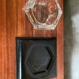 Ancien Cendrier Val St Lambert Cristal + Support Cuir Le Tanneur + Boîte