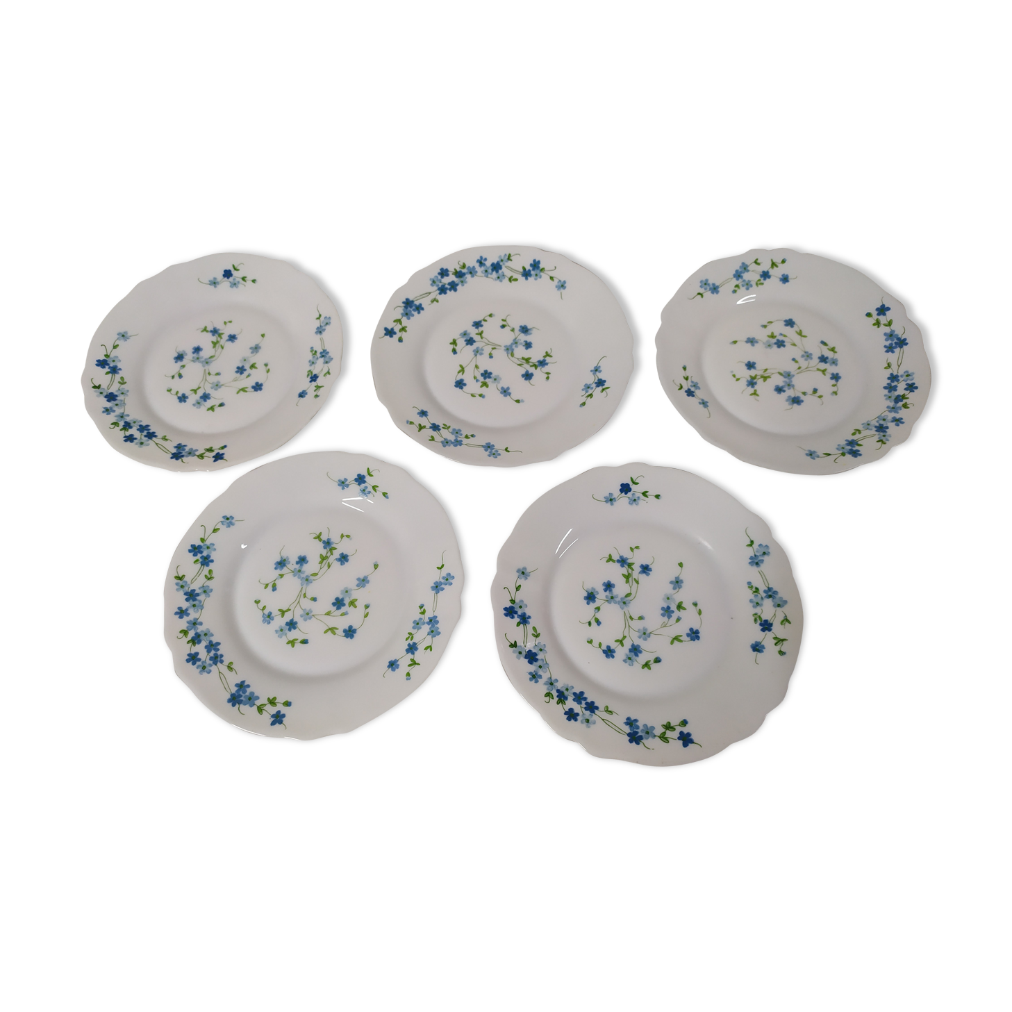 Set de 5 assiettes à dessert Arcopal véronica myosotis fleur bleu vintage