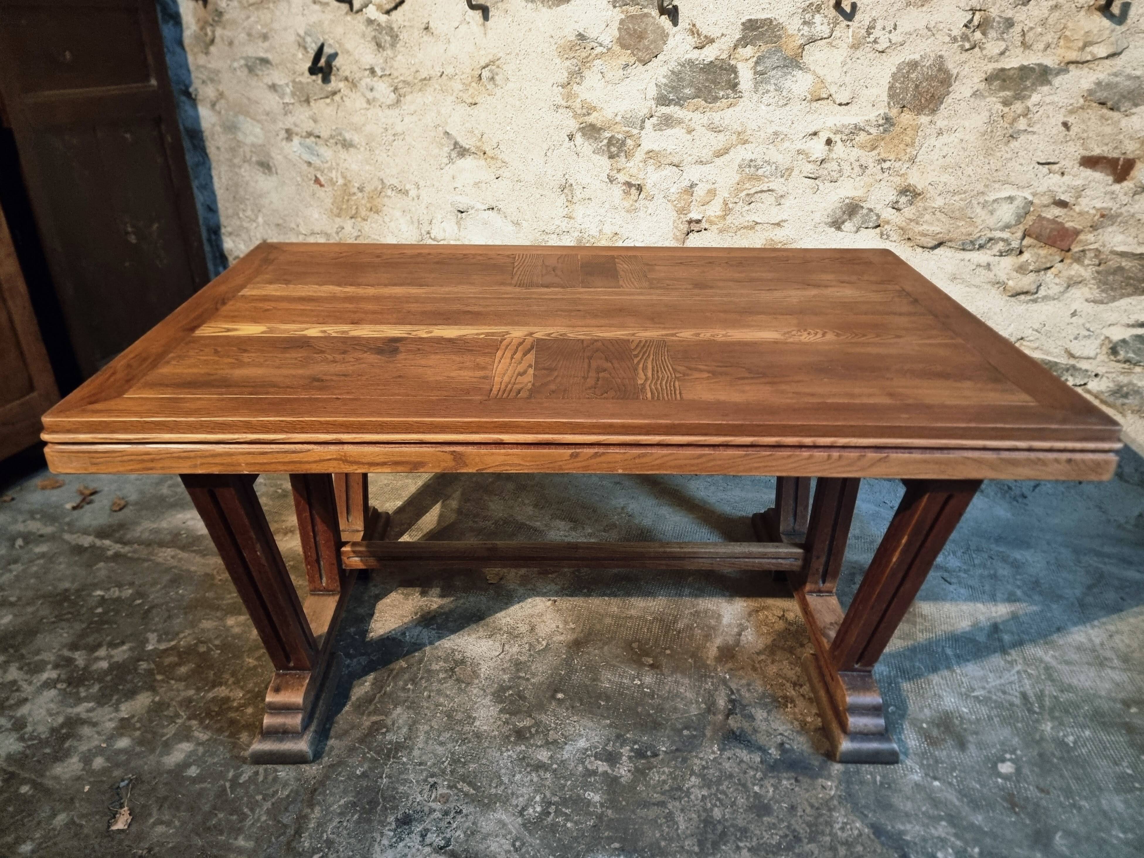 French vintage table in solid oak, Arts & Crafts style, 1930s–1940s.